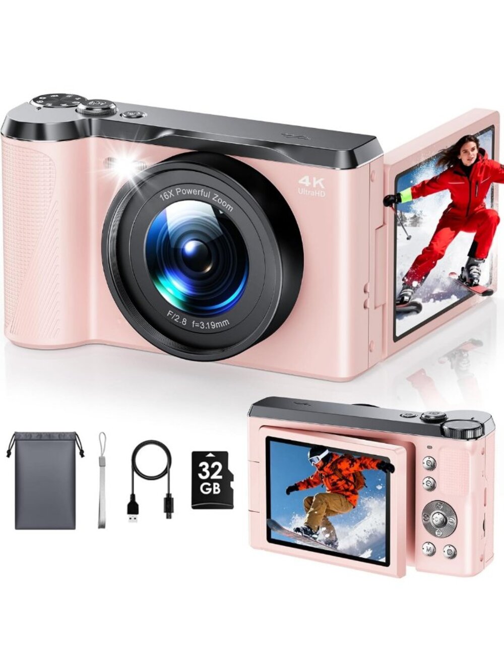 4K Digital Camera for Photography & Vlogging, 56MP Autofocus, 32GB SD Card, 180°